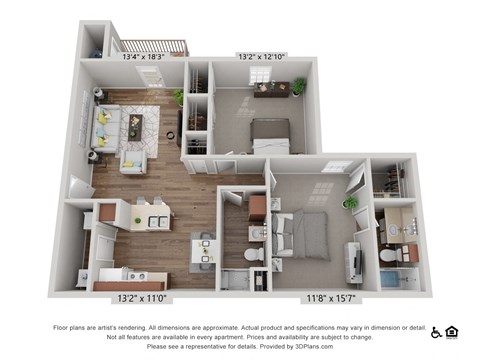 Floor plan for 2 beds, 2 baths, 1100 sqft